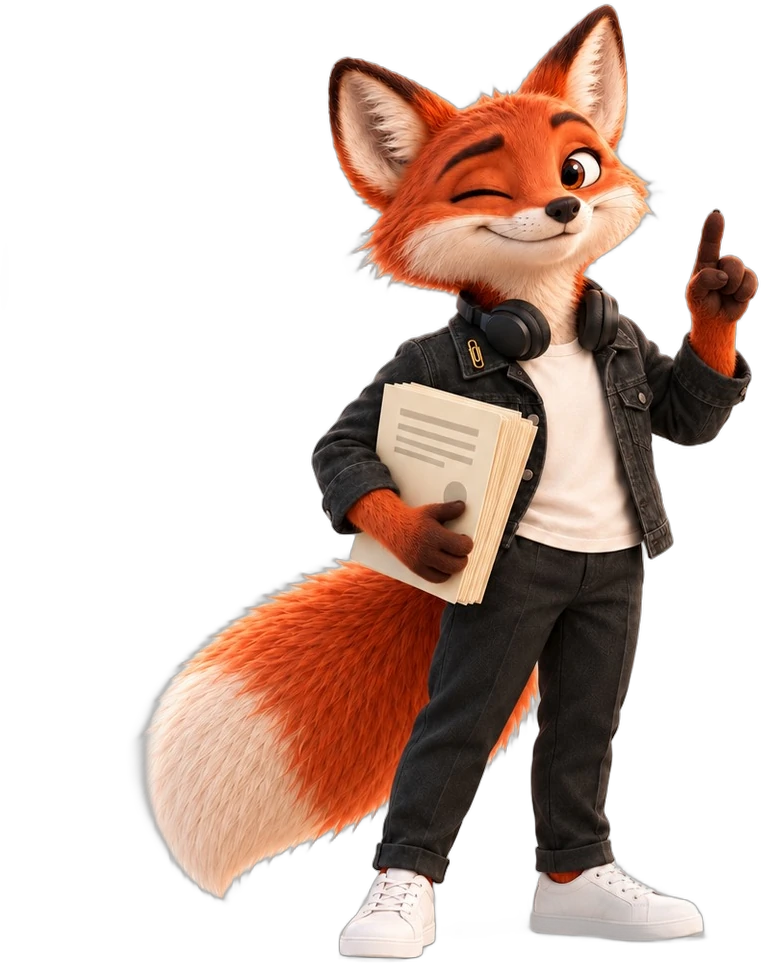 Le renard d'Artiste Averti, un contrat sous le bras, qui lève le doigt