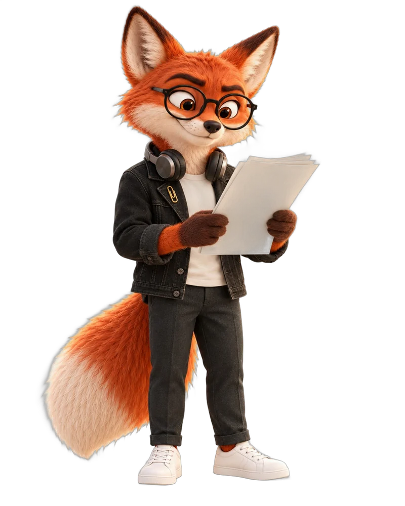Le renard avec des lunettes qui lit attentivement un document